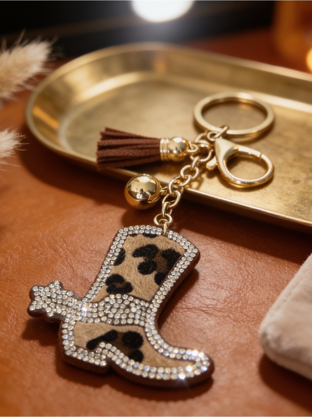Western Leopard Print Cowboy Boot Keychain with Tassel - Gold Hardware